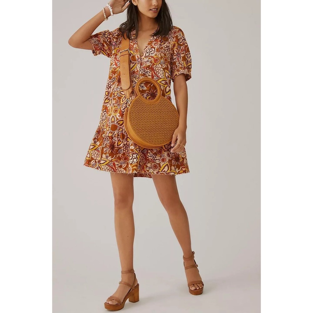Anthropologie Pilcro Printed Puff-Sleeve Floral Tunic Mini Dress Size Large